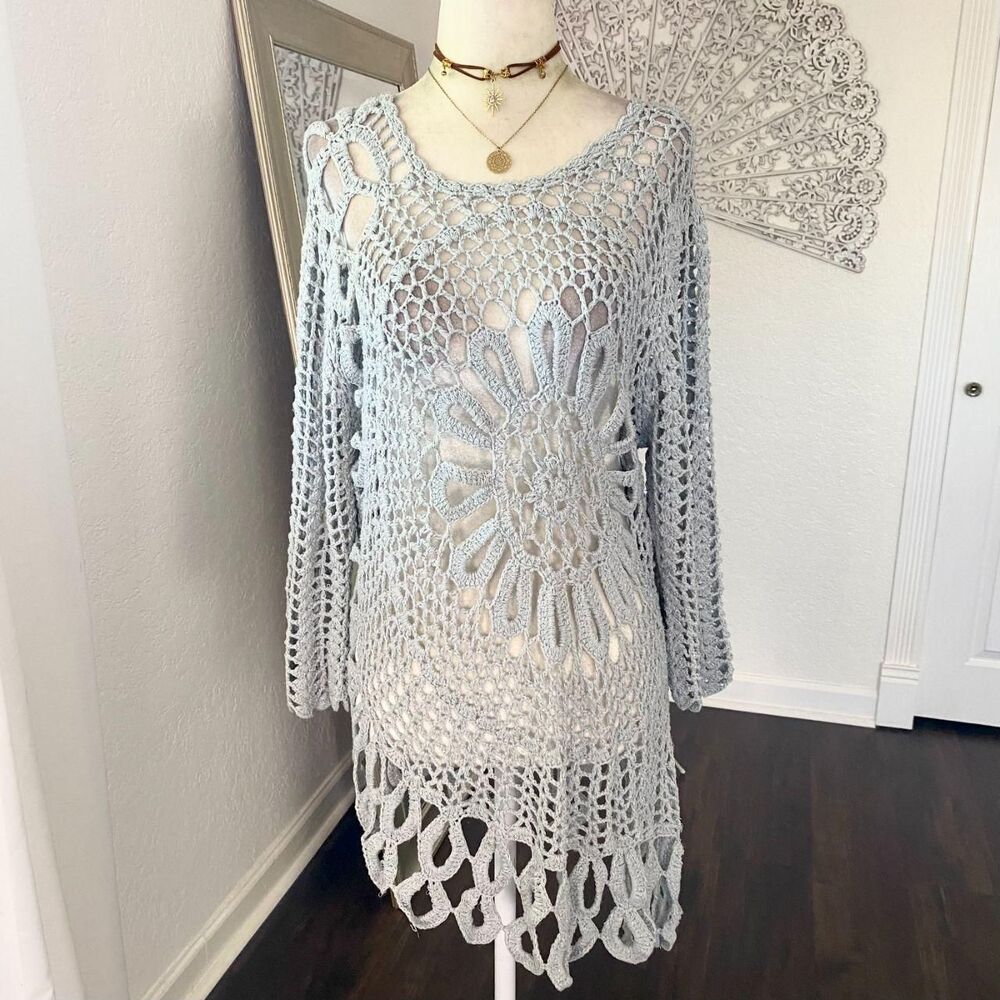 Y2K Whimsygoth Boho Ice Blue Asymmetric Crochet Micro Dress Top 12 / L